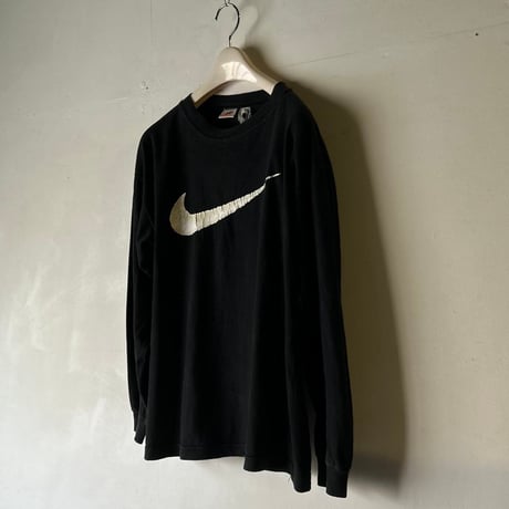 90s NIKE ナイキ ビッグスウッシュ ヴィンテージTシャツ ロンT ブラック 両面プリント size S  白タグ 長袖 Tシャツ  黒  used  made in USA