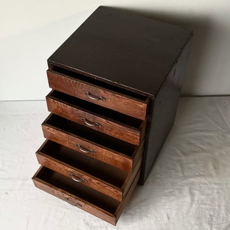 ヴィンテージ 木製5杯小引き出し シルバー金具摘み ダークブラウン 古い引出し 古道具 メンテナンス済 良品