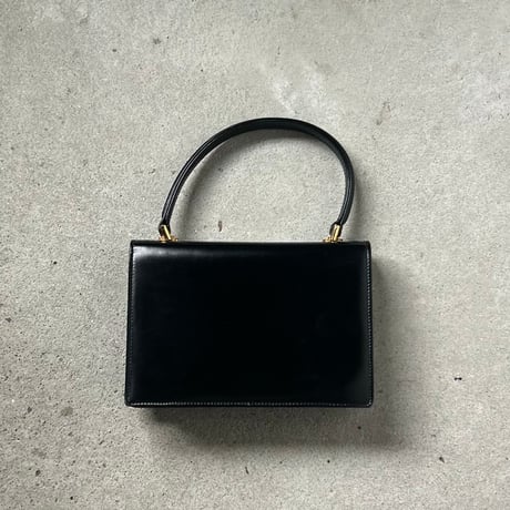GUCCI  オールドグッチ 70sヴィンテージ ボックスカーフ ケリー型ハンドバッグ 筆記体ロゴ ブラック/ゴールド金具  付属品(保存袋 レザーミニポーチ フラッシャー)有 極美品