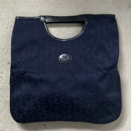 CELINE オールドセリーヌ 70sヴィンテージ  Cマカダム（Cサルキー） 馬車ロゴレザーエンブレム  くり手 ハンドバッグ くり抜きトート ネイビー デッドストック未使用品
