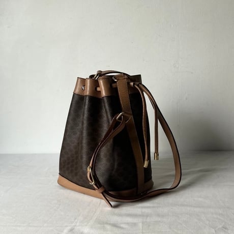 CELINE オールドセリーヌ 80sヴィンテージマカダム柄 PVC/レザー 巾着型ショルダーバッグ ポーチ付き G金具  良品