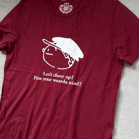 (B) WASEDA 早稲田大学 Ｔシャツ (Mサイズ) 90s00s アーカイブ カレッジロゴ フクちゃんプリント エンジ 角帽イラスト 両面ロゴプリント ヴィンテージT 古着 中古 良品