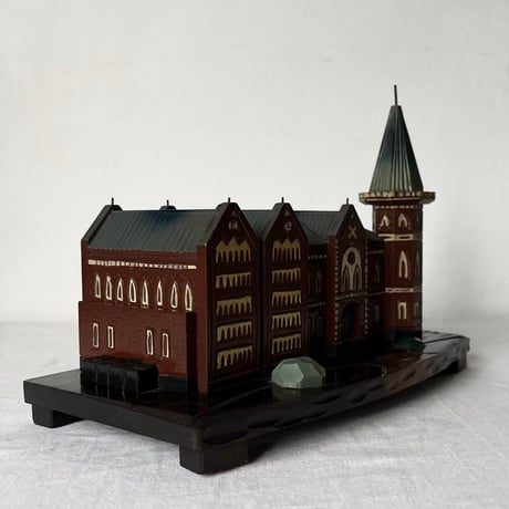 1967年製 慶應義塾大学 卒業記念品  旧図書館 モチーフ 木彫り オルゴール付 引き出し タバコケース 三田キャンパス ヴィンテージ模型 美品