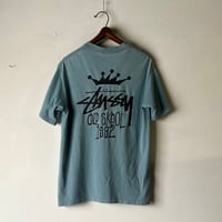 90s OLD STUSSY オールドステューシー   "OLD SKOOL 1992" クラウンロゴ Tシャツ  黒タグ made in USA (タグ欠損) サックス size M  used