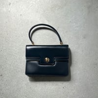 GUCCI  オールドグッチ 70sヴィンテージ ボックスカーフ ケリー型Wフラップハンドバッグ 筆記体ロゴ ダークネイビー/ゴールド金具  付属品(保存袋 付属ミラー)有 極美品