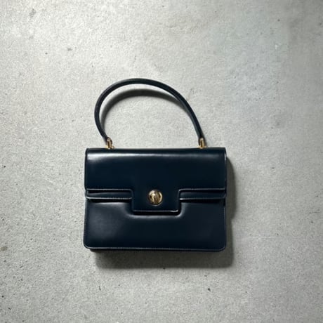 GUCCI  オールドグッチ 70sヴィンテージ ボックスカーフ ケリー型Wフラップハンドバッグ 筆記体ロゴ ダークネイビー/ゴールド金具  付属品(保存袋 付属ミラー)有 極美品