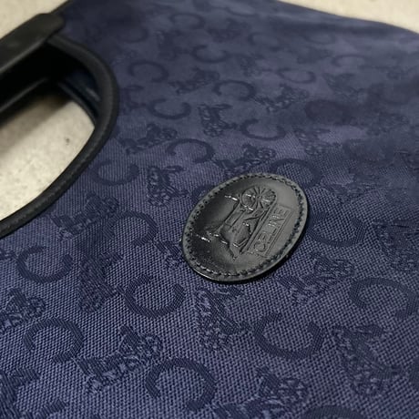 CELINE オールドセリーヌ 70sヴィンテージ  Cマカダム（Cサルキー） 馬車ロゴレザーエンブレム  くり手 ハンドバッグ くり抜きトート ネイビー デッドストック未使用品