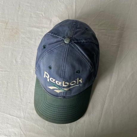 90s Vintage Reebok 2-Tone Vector Logo Cap ヴィンテージ リーボック ベクターロゴ バイカラー キャップ ブルー(薄ナス紺)×グリーン フェード used