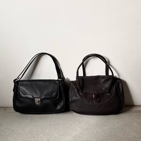 60s-70s ヴィンテージ レザー ハンドバッグ  ラムレザー 本革 フラップバッグ  ブラウンレザー くるみボタン 日本古道具 japan vintage⁠