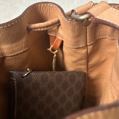 CELINE オールドセリーヌ 80sヴィンテージマカダム柄 PVC/レザー 巾着型ショルダーバッグ ポーチ付き G金具  良品