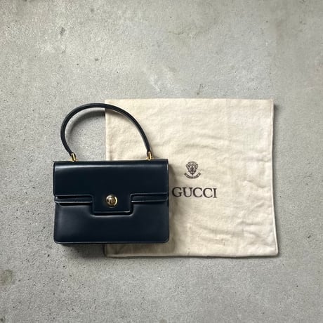 GUCCI  オールドグッチ 70sヴィンテージ ボックスカーフ ケリー型Wフラップハンドバッグ 筆記体ロゴ ダークネイビー/ゴールド金具  付属品(保存袋 付属ミラー)有 極美品