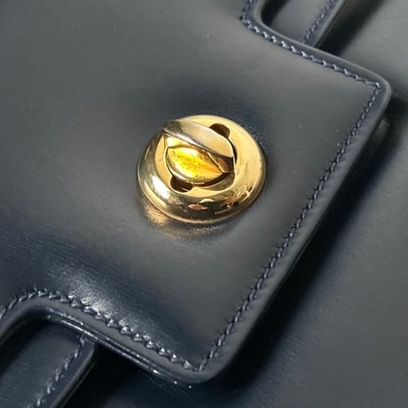 GUCCI  オールドグッチ 70sヴィンテージ ボックスカーフ ケリー型Wフラップハンドバッグ 筆記体ロゴ ダークネイビー/ゴールド金具  付属品(保存袋 付属ミラー)有 極美品