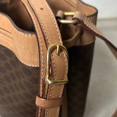 CELINE オールドセリーヌ 80sヴィンテージマカダム柄 PVC/レザー 巾着型ショルダーバッグ ポーチ付き G金具  良品