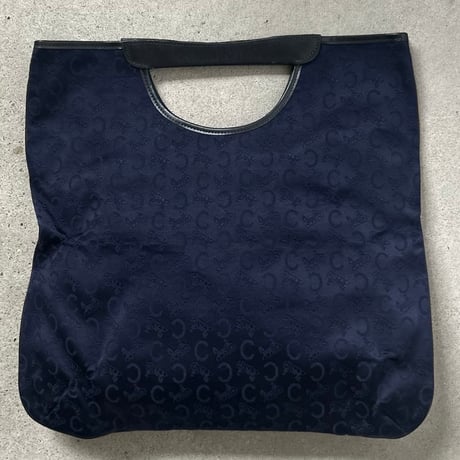 CELINE オールドセリーヌ 70sヴィンテージ  Cマカダム（Cサルキー） 馬車ロゴレザーエンブレム  くり手 ハンドバッグ くり抜きトート ネイビー デッドストック未使用品