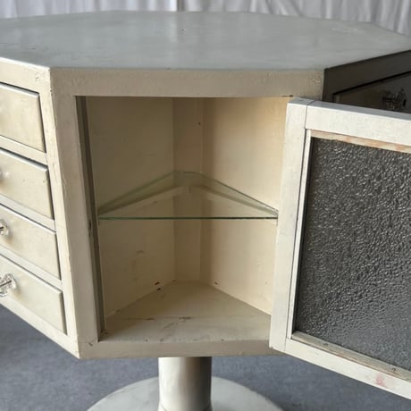 1940-50s NAKAJIMA DENTAL MFG. CO., LTD  ヴィンテージ ロータリーキャビネット ガラスつまみ ダイヤガラス 360度回転式 歯科用備品棚 什器 良品