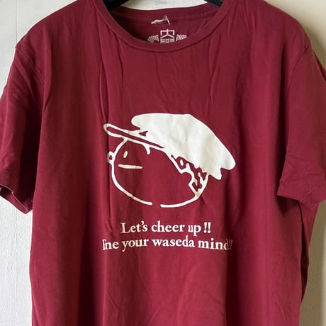 (B) WASEDA 早稲田大学 Ｔシャツ (Mサイズ) 90s00s アーカイブ カレッジロゴ フクちゃんプリント エンジ 角帽イラスト 両面ロゴプリント ヴィンテージT 古着 中古 良品