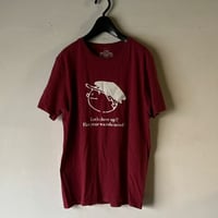 (A) WASEDA 早稲田大学 Ｔシャツ (Lサイズ) 90s00s アーカイブ カレッジロゴ フクちゃんプリント エンジ 角帽イラスト 両面ロゴプリント ヴィンテージT 古着 中古 良品