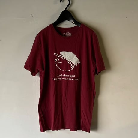 (A) WASEDA 早稲田大学 Ｔシャツ (Lサイズ) 90s00s アーカイブ カレッジロゴ フクちゃんプリント エンジ 角帽イラスト 両面ロゴプリント ヴィンテージT 古着 中古 良品