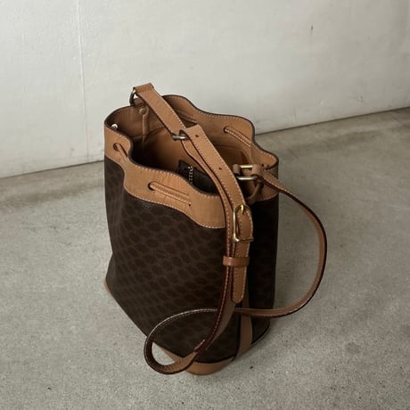 CELINE オールドセリーヌ 80sヴィンテージマカダム柄 PVC/レザー 巾着型ショルダーバッグ ポーチ付き G金具  良品