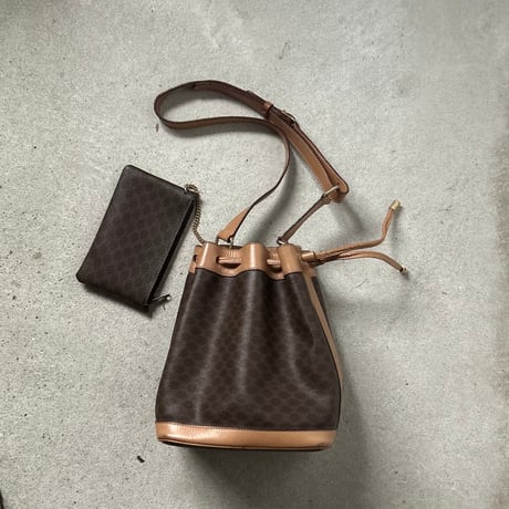 CELINE オールドセリーヌ 80sヴィンテージマカダム柄 PVC/レザー 巾着型ショルダーバッグ ポーチ付き G金具  良品