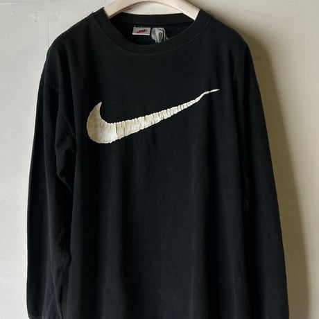 90s NIKE ナイキ ビッグスウッシュ ヴィンテージTシャツ ロンT ブラック 両面プリント size S  白タグ 長袖 Tシャツ  黒  used  made in USA