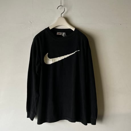 90s NIKE ナイキ ビッグスウッシュ ヴィンテージTシャツ ロンT ブラック 両面プリント size S  白タグ 長袖 Tシャツ  黒  used  made in USA