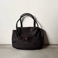 60s-70s ヴィンテージ レザー ハンドバッグ  ラムレザー 本革 フラップバッグ  ブラウンレザー くるみボタン 日本古道具 japan vintage⁠