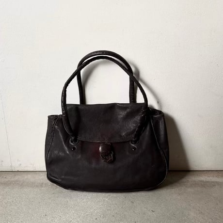 60s-70s ヴィンテージ レザー ハンドバッグ  ラムレザー 本革 フラップバッグ  ブラウンレザー くるみボタン 日本古道具 japan vintage⁠