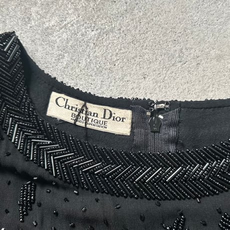 Christian Dior BOUTIQUE クリスチャンディオール ブティック 70sヴィンテージ ビーズ＆スパンコール刺繍 ハンドクラフト イブニングフォーマル 黒 DS美品