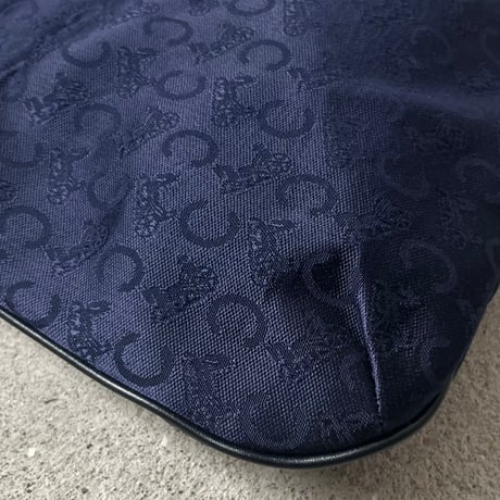 CELINE オールドセリーヌ 70sヴィンテージ  Cマカダム（Cサルキー） 馬車ロゴレザーエンブレム  くり手 ハンドバッグ くり抜きトート ネイビー デッドストック未使用品