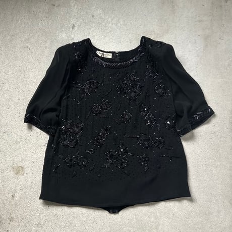 Christian Dior BOUTIQUE クリスチャンディオール ブティック 70sヴィンテージ ビーズ＆スパンコール刺繍 ハンドクラフト イブニングフォーマル 黒 DS美品