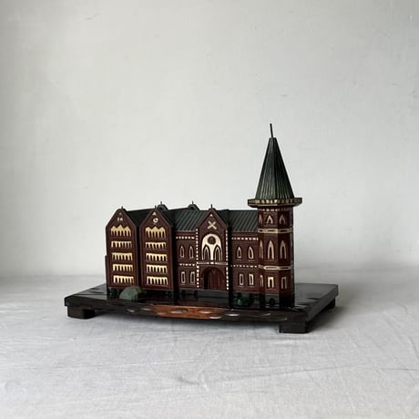 1967年製 慶應義塾大学 卒業記念品  旧図書館 モチーフ 木彫り オルゴール付 引き出し タバコケース 三田キャンパス ヴィンテージ模型 美品