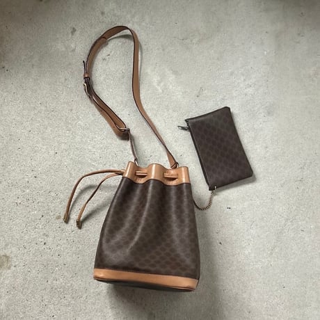 CELINE オールドセリーヌ 80sヴィンテージマカダム柄 PVC/レザー 巾着型ショルダーバッグ ポーチ付き G金具  良品