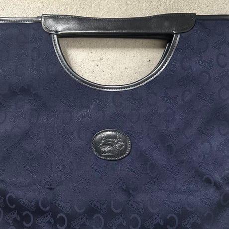 CELINE オールドセリーヌ 70sヴィンテージ  Cマカダム（Cサルキー） 馬車ロゴレザーエンブレム  くり手 ハンドバッグ くり抜きトート ネイビー デッドストック未使用品