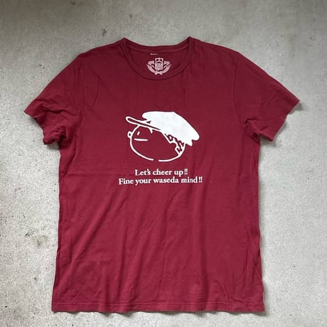 (B) WASEDA 早稲田大学 Ｔシャツ (Mサイズ) 90s00s アーカイブ カレッジロゴ フクちゃんプリント エンジ 角帽イラスト 両面ロゴプリント ヴィンテージT 古着 中古 良品