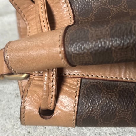 CELINE オールドセリーヌ 80sヴィンテージマカダム柄 PVC/レザー 巾着型ショルダーバッグ ポーチ付き G金具  良品