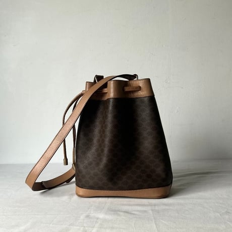 CELINE オールドセリーヌ 80sヴィンテージマカダム柄 PVC/レザー 巾着型ショルダーバッグ ポーチ付き G金具  良品