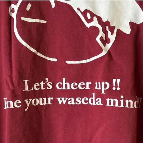 (B) WASEDA 早稲田大学 Ｔシャツ (Mサイズ) 90s00s アーカイブ カレッジロゴ フクちゃんプリント エンジ 角帽イラスト 両面ロゴプリント ヴィンテージT 古着 中古 良品