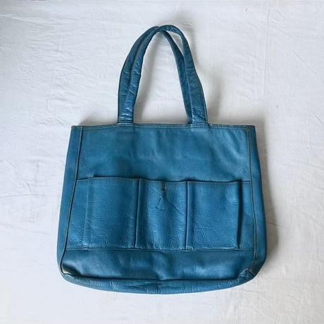 60s-70s ヴィンテージ レザー トートバッグ ショルダーバッグ  セルリアンブルー 本革 立体3ポケット  日本古道具 japan vintage⁠