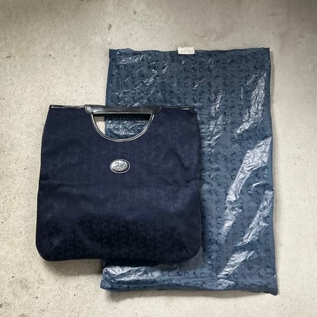 CELINE オールドセリーヌ 70sヴィンテージ  Cマカダム（Cサルキー） 馬車ロゴレザーエンブレム  くり手 ハンドバッグ くり抜きトート ネイビー デッドストック未使用品