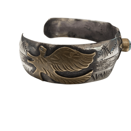 NAVAJO Genevieve Jones Turquoise Sterling Silver 1/20 12K GF Eagle Cuff Bracelet