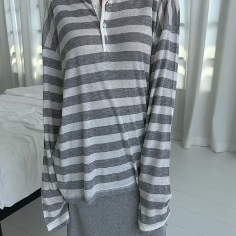 【早期お届け★数量限定】Sheer Border Henry Neck Tops/3カラー