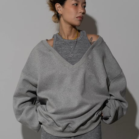 0992 🉐セットアップ🉐 Off-Shoulder V-Neck Sweat/2カラー