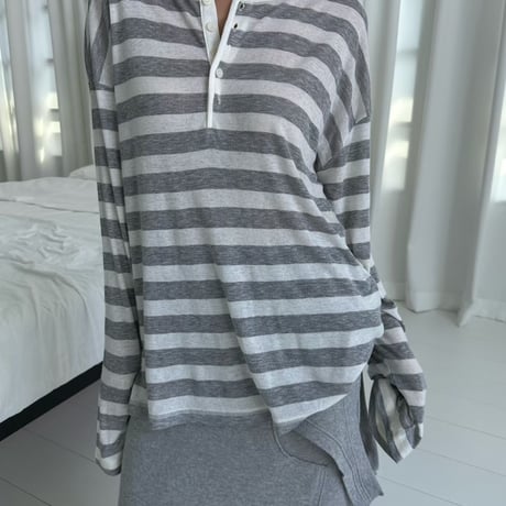 【早期お届け★数量限定】Sheer Border Henry Neck Tops/3カラー