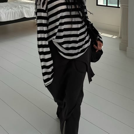 【早期お届け★数量限定】Sheer Border Henry Neck Tops/3カラー