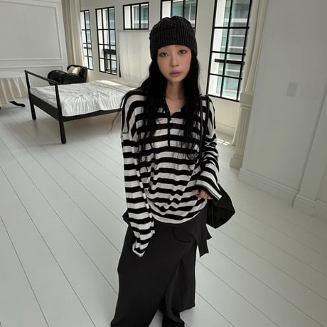 【早期お届け★数量限定】Sheer Border Henry Neck Tops/3カラー