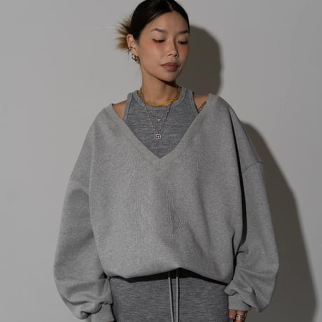 0992 🉐セットアップ🉐 Off-Shoulder V-Neck Sweat/2カラー
