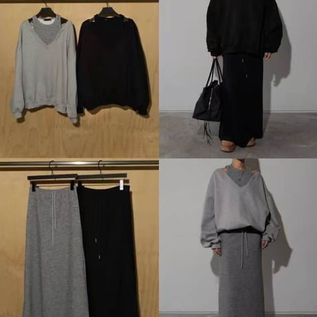 0992 🉐セットアップ🉐 Off-Shoulder V-Neck Sweat/2カラー