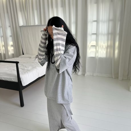 【早期お届け★数量限定】Sheer Border Henry Neck Tops/3カラー