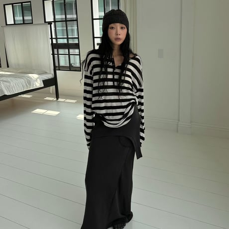 【早期お届け★数量限定】Sheer Border Henry Neck Tops/3カラー